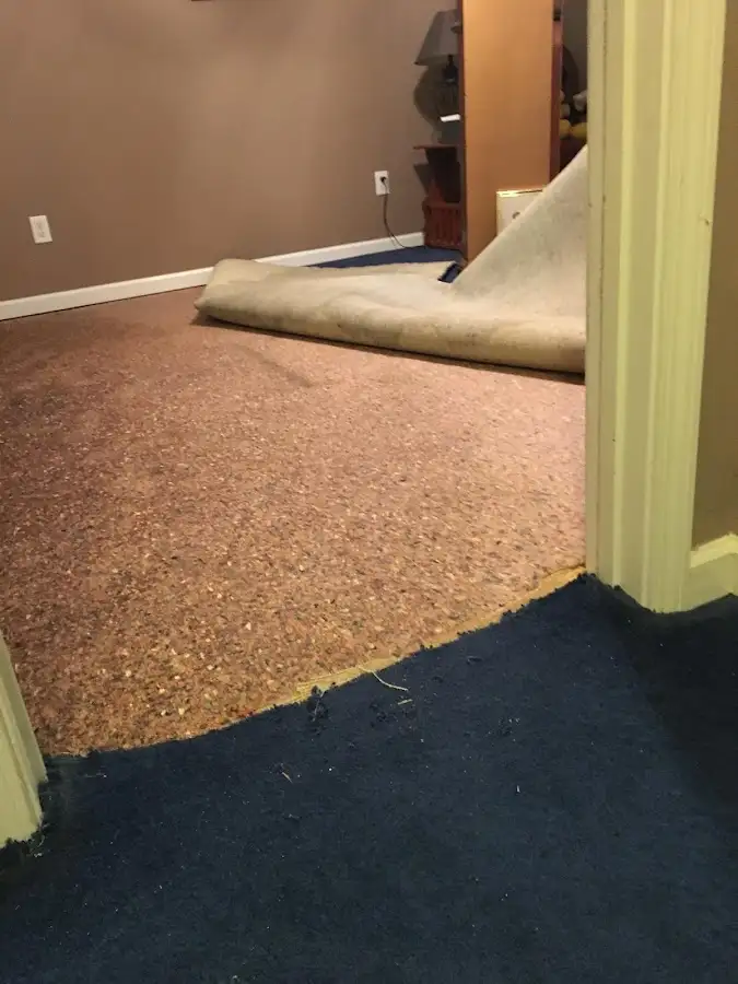 Carpet pad removal revealing water damage during Water Mitigation Services in Marcy